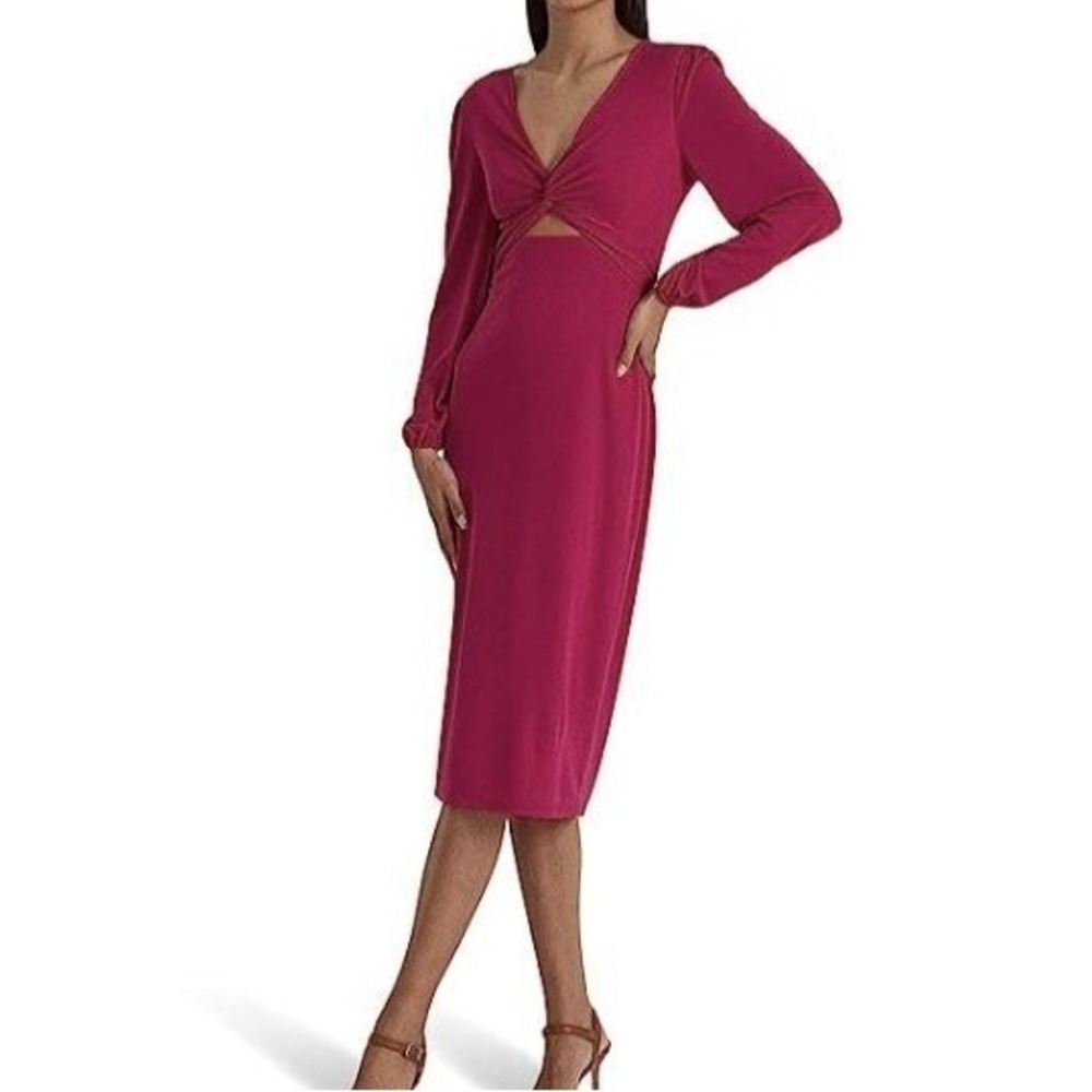 Ralph Lauren Twist Front Long Sleeve Midi Dress Pink 14 Quiet Luxury Event NWT